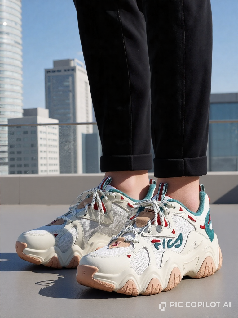 The FILA trainer worn by an AI-generated model, cropped close to the feet on a rooftop above a city skyline
