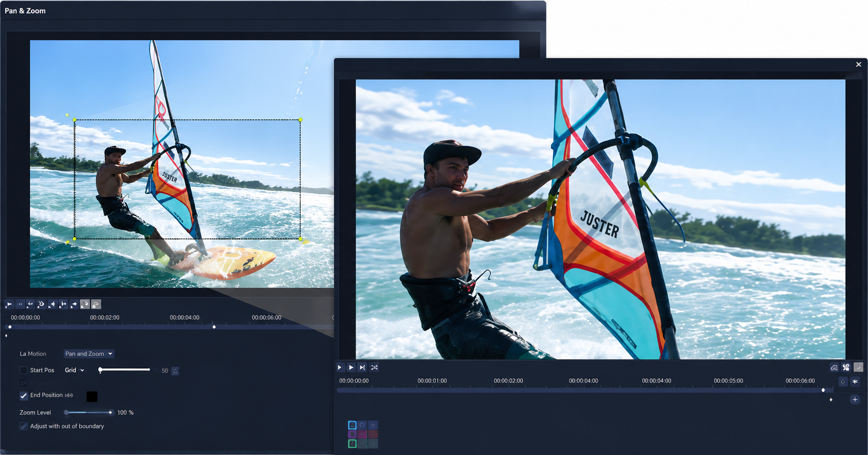 Illustrative pan-and-zoom editor with crop frame and timeline keyframes