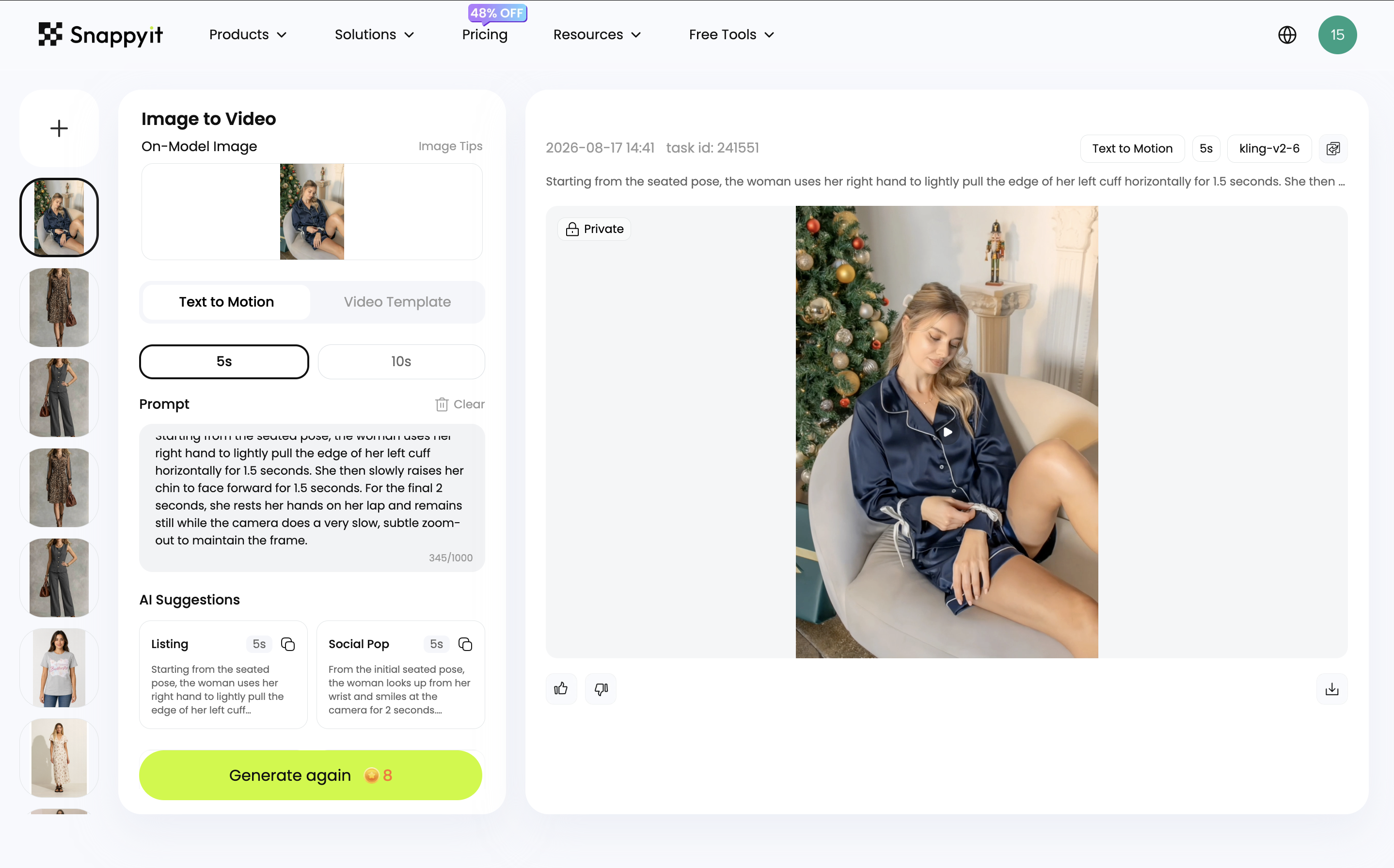 Snappyit workspace with a source photo, motion prompt and 5-second result