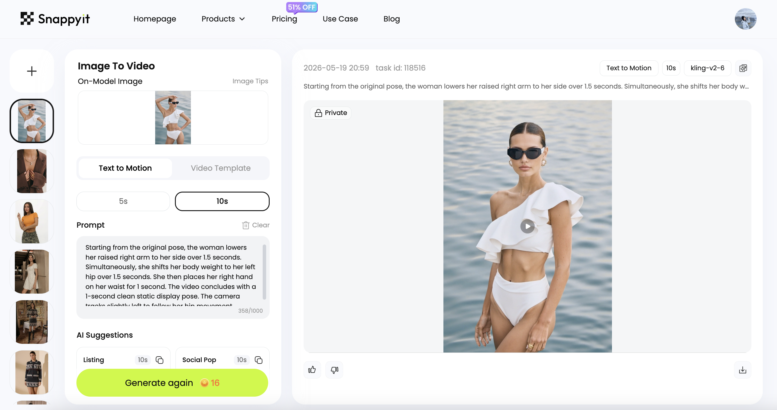 Snappyit AI Image to Video workspace showing a swimwear product image being animated into a short marketing video for TikTok and Instagram