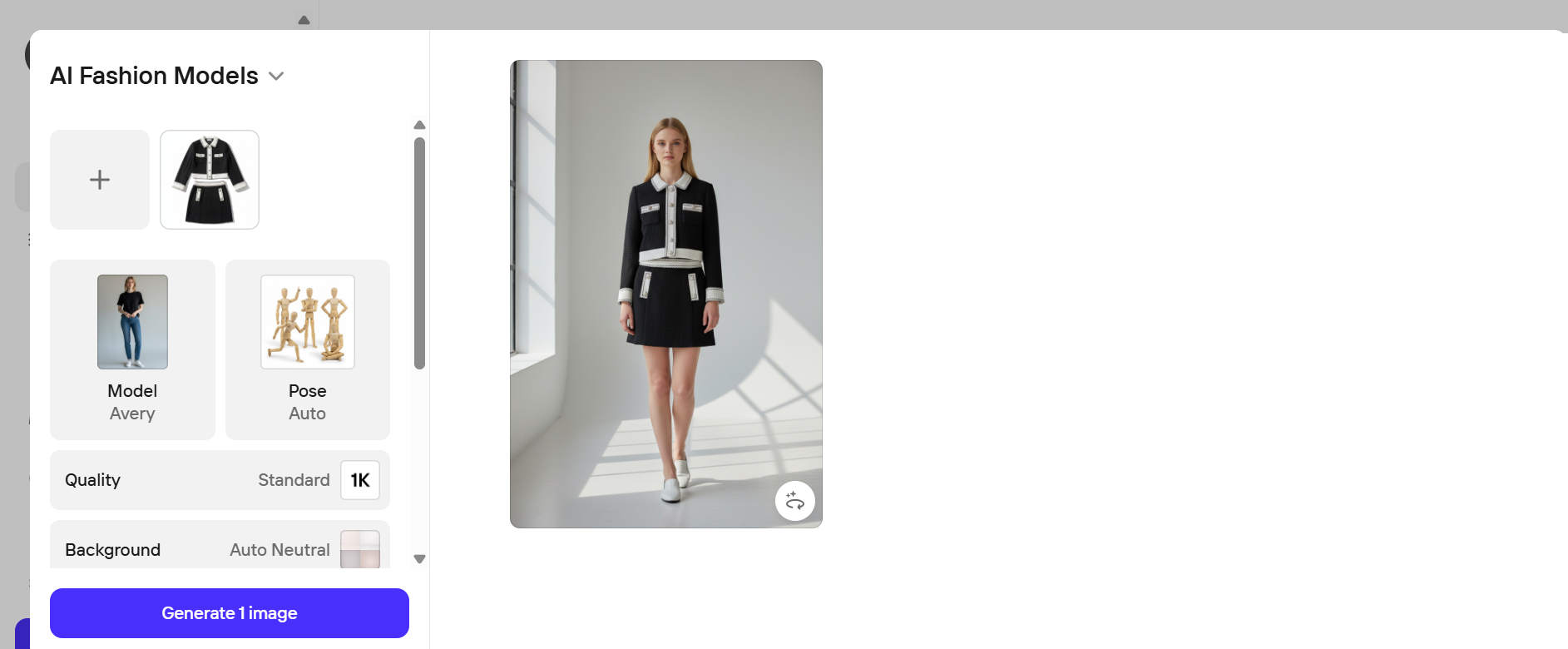 Photoroom AI Fashion Models workspace: the flat lay as product image, Model set to the library option Avery, Pose Auto and Background Auto Neutral, with the on-model result on the right