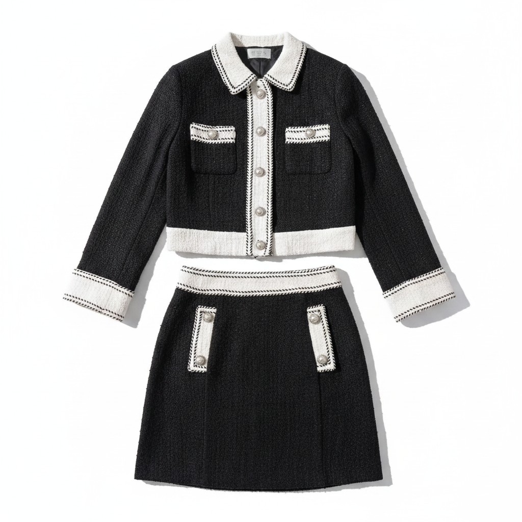 Photoroom Flat Lay output: the tweed jacket and skirt rebuilt as a square white-background catalog flat lay