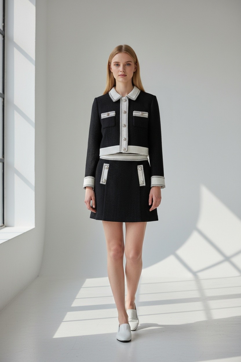 Photoroom AI Fashion Models output: the tweed set worn by the preset model Avery in a white studio