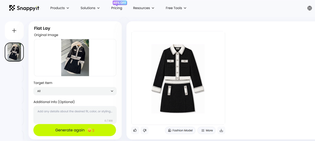 Snappyit Flat Lay workspace: the original hanger photo on the left, the generated catalog flat lay on the right, Generate again costing 3 credits