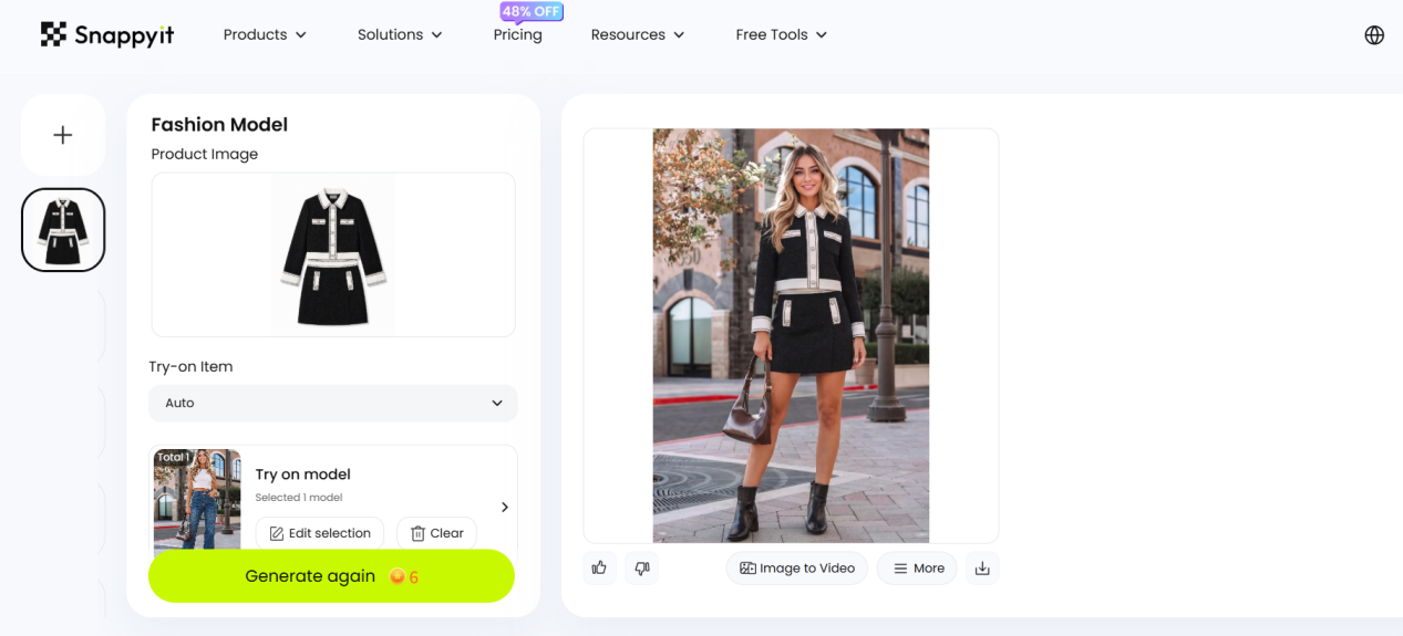 Snappyit Fashion Model workspace: the flat-lay product image and the selected model on the left, the on-model result on the right