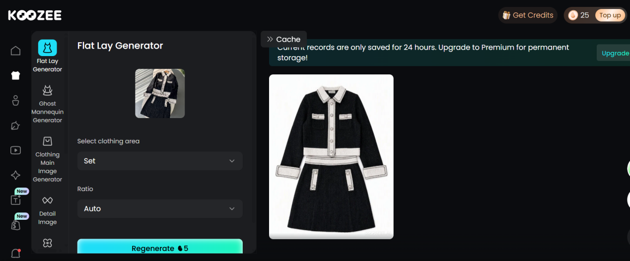 KOOZEE AI Flat Lay Generator workspace with the black tweed set uploaded, clothing area set to Set, Ratio on Auto, and a 5-credit regenerate button