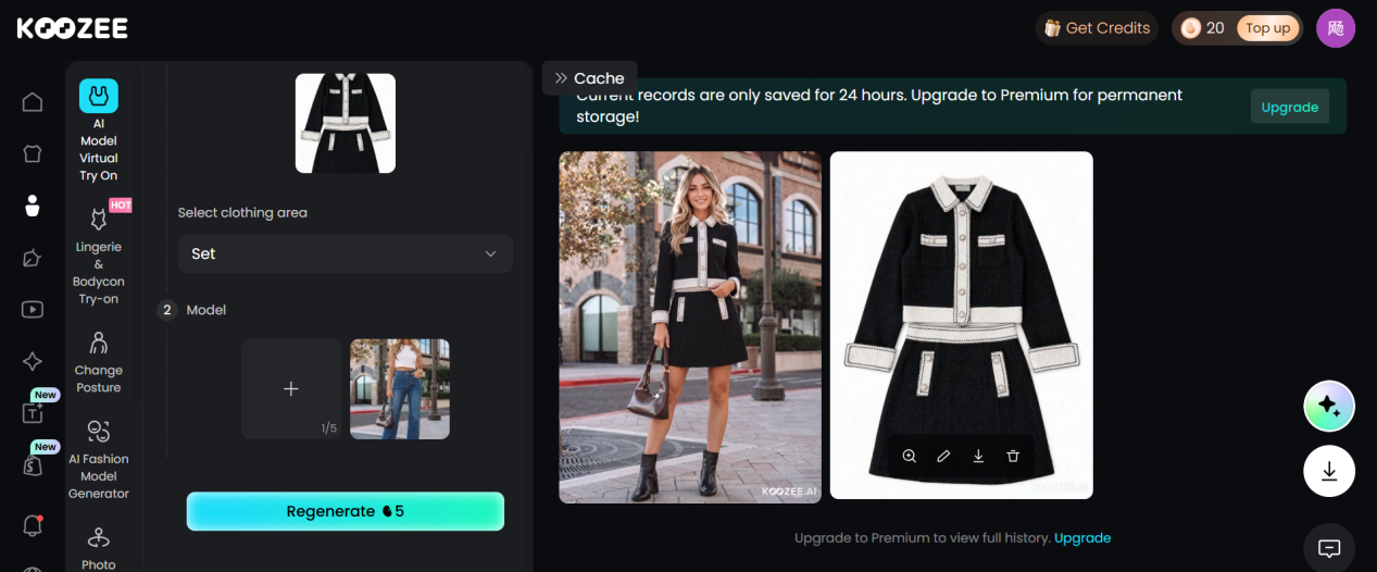 KOOZEE AI Model Virtual Try On workspace with the flat lay and model reference selected, plus the outdoor on-model result