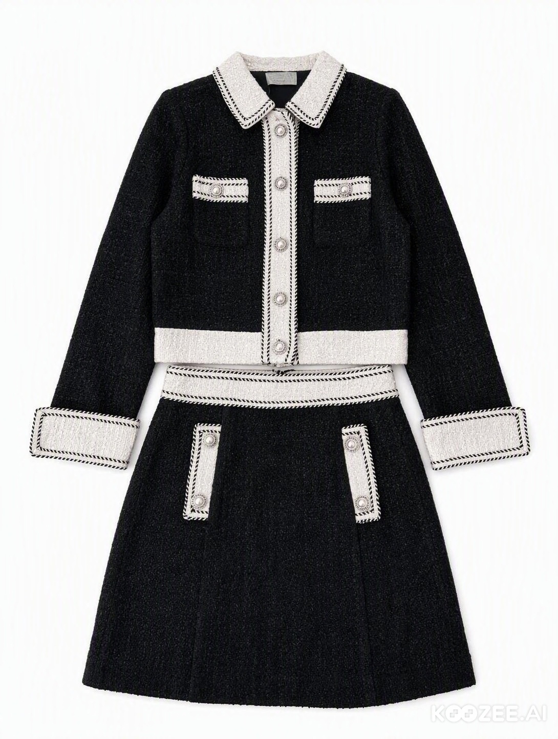 KOOZEE AI flat-lay result showing the black tweed jacket and skirt on a white background