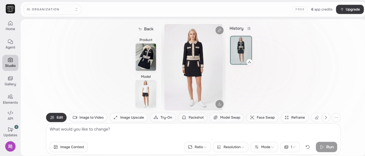 FASHN AI Studio workspace showing the garment input, selected library model and updated on-model result, with the account name removed from the organization field