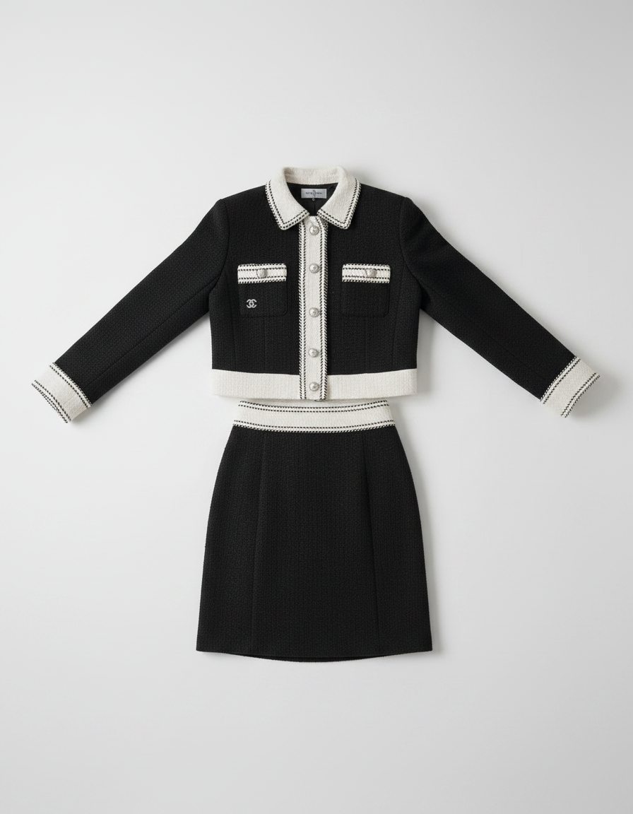 FASHN AI flat-lay result showing a black cropped jacket and skirt separated on a soft white background