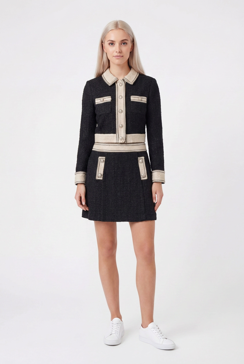 FASHN AI try-on result showing the black tweed jacket-and-skirt structure on a library model in a clean white studio; the garment's white areas show a slight color shift