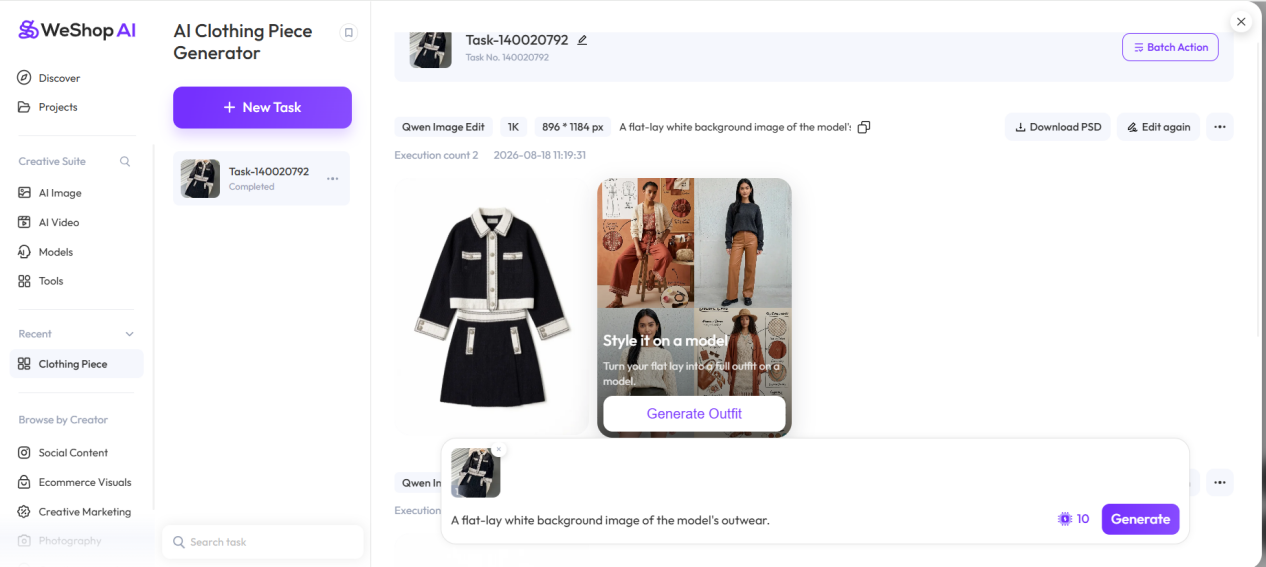 WeShop AI Clothing Piece Generator workspace showing the garment input, white-background flat-lay prompt, generated outfit, and a 10-credit Generate button