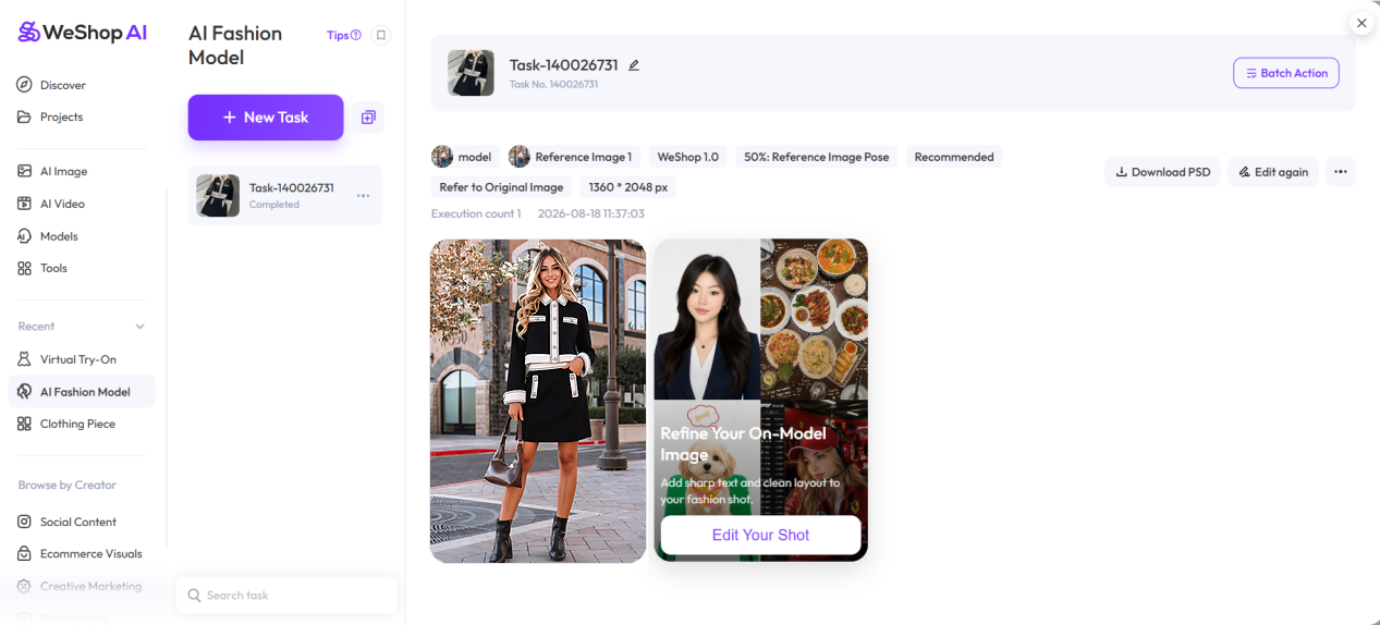 WeShop AI Fashion Model workspace with the reference image and the final refined on-model result replacing the earlier preview