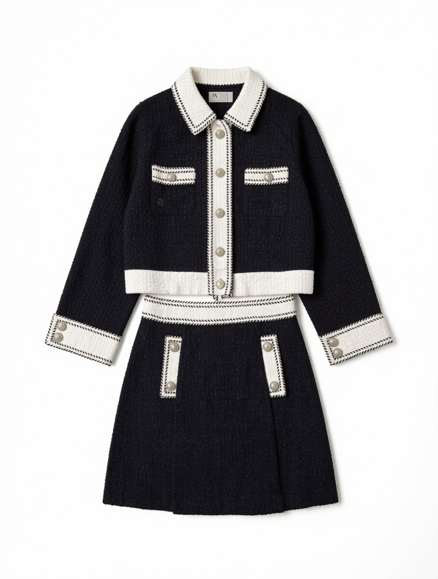 WeShop AI flat-lay result showing the black outfit centered on a white background