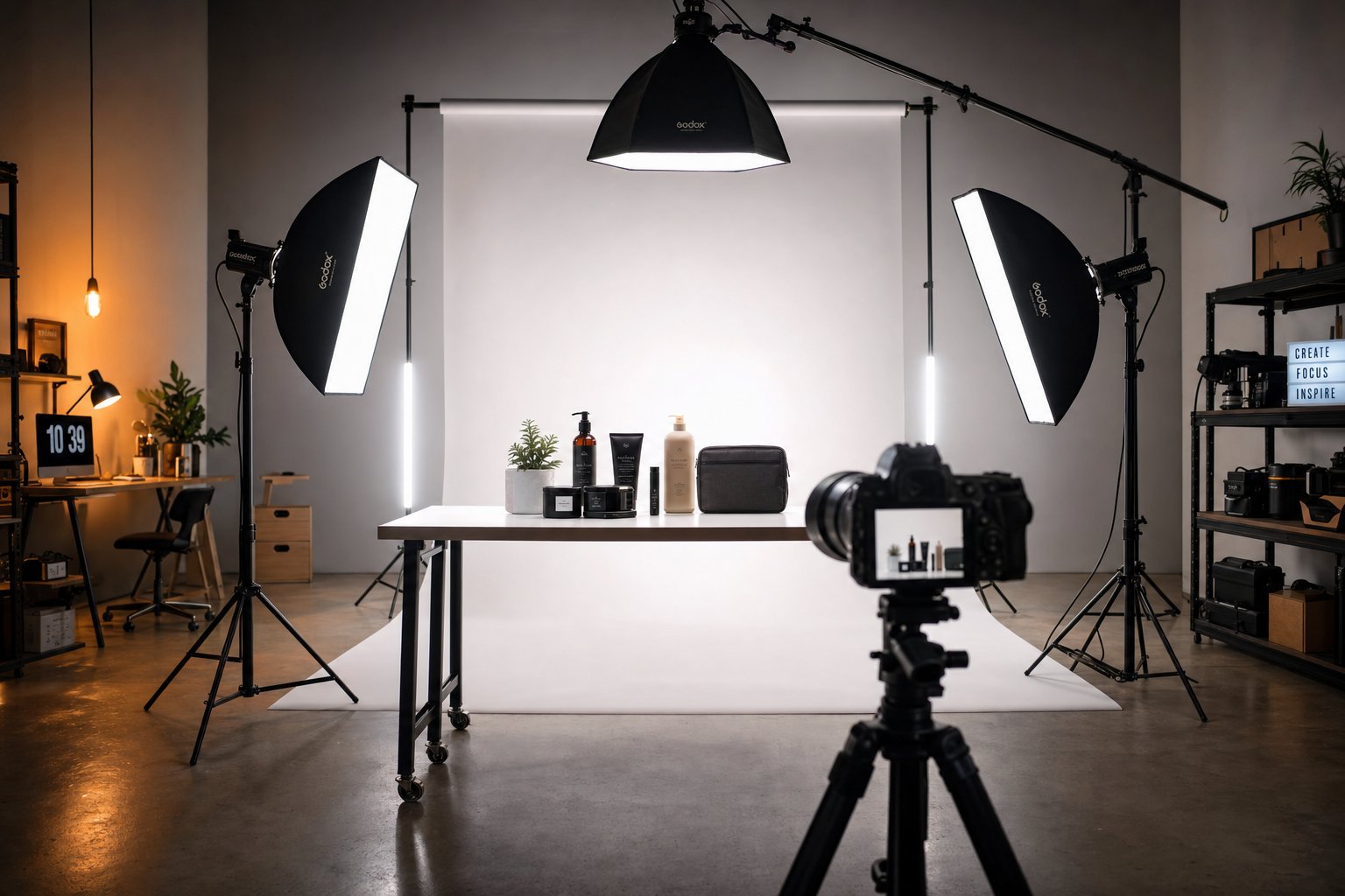Professional ecommerce product photography studio setup with lighting equipment and shooting table