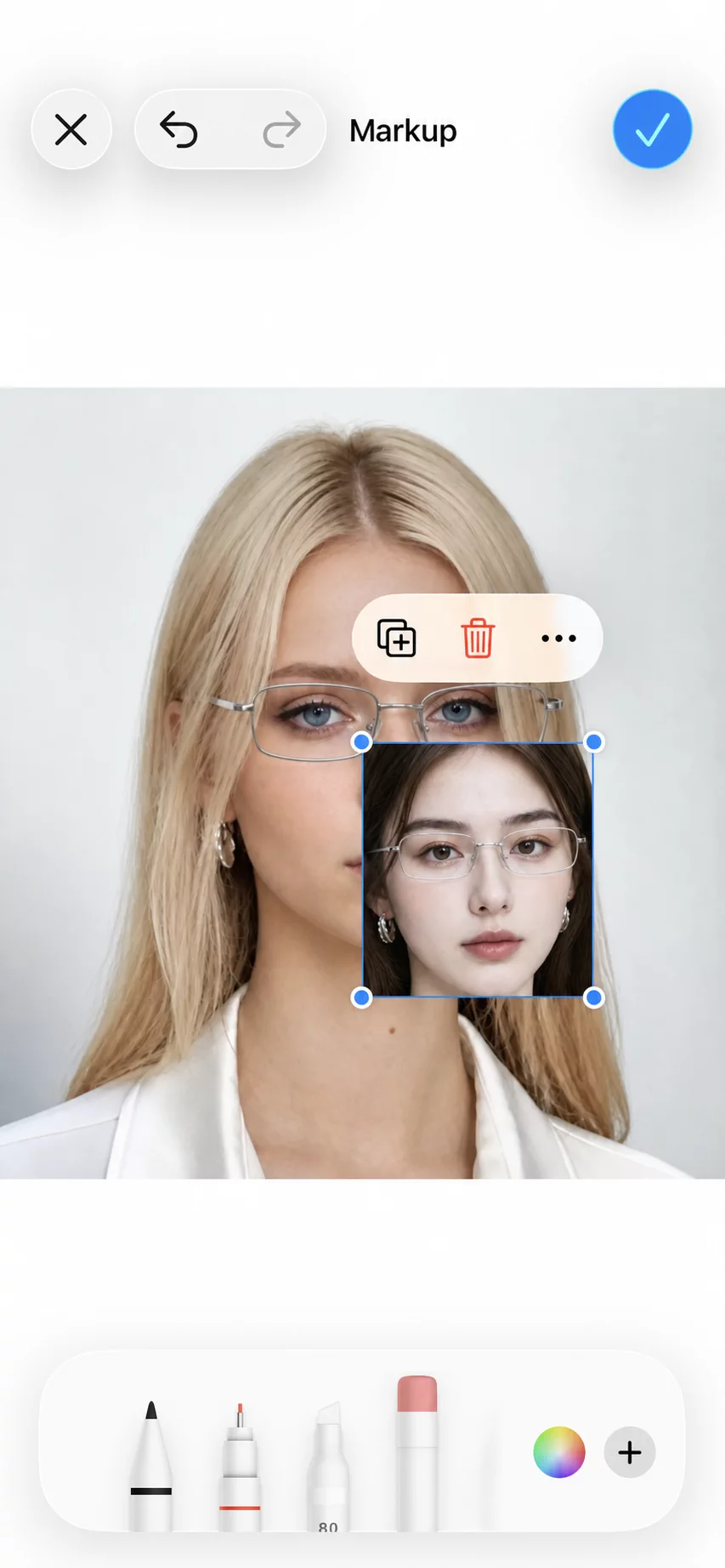 Resize and position the saved face sticker on the target photo