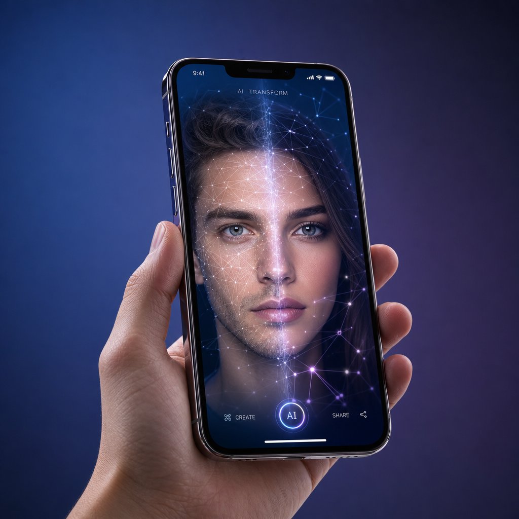 iphone displaying an ai powered face swap in progress with neural network visualization
