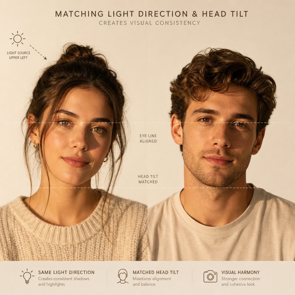 matching lighting direction and head angles between source and target photos for realistic face swaps