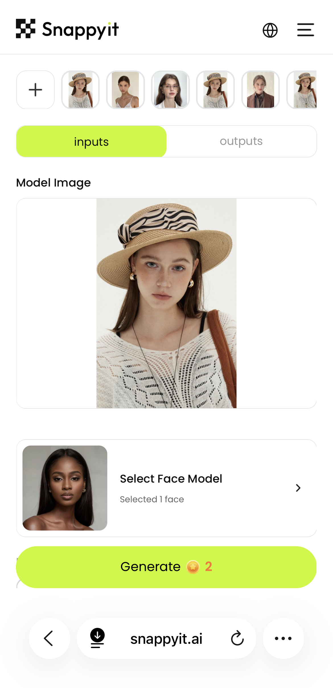 Choose a target image and face model, then generate in Snappyit