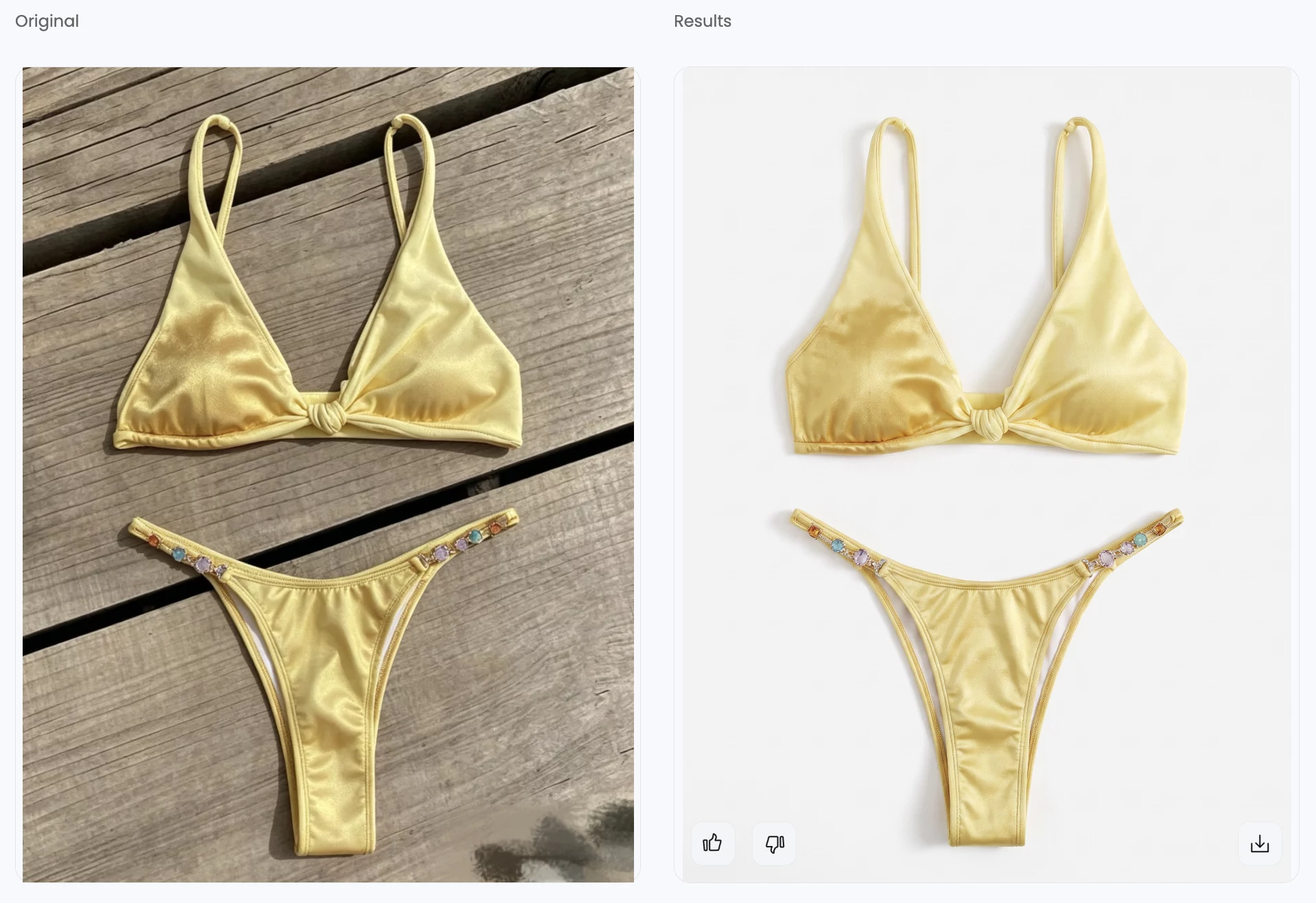 Yellow bikini source and AI-generated flat lay shown side by side
