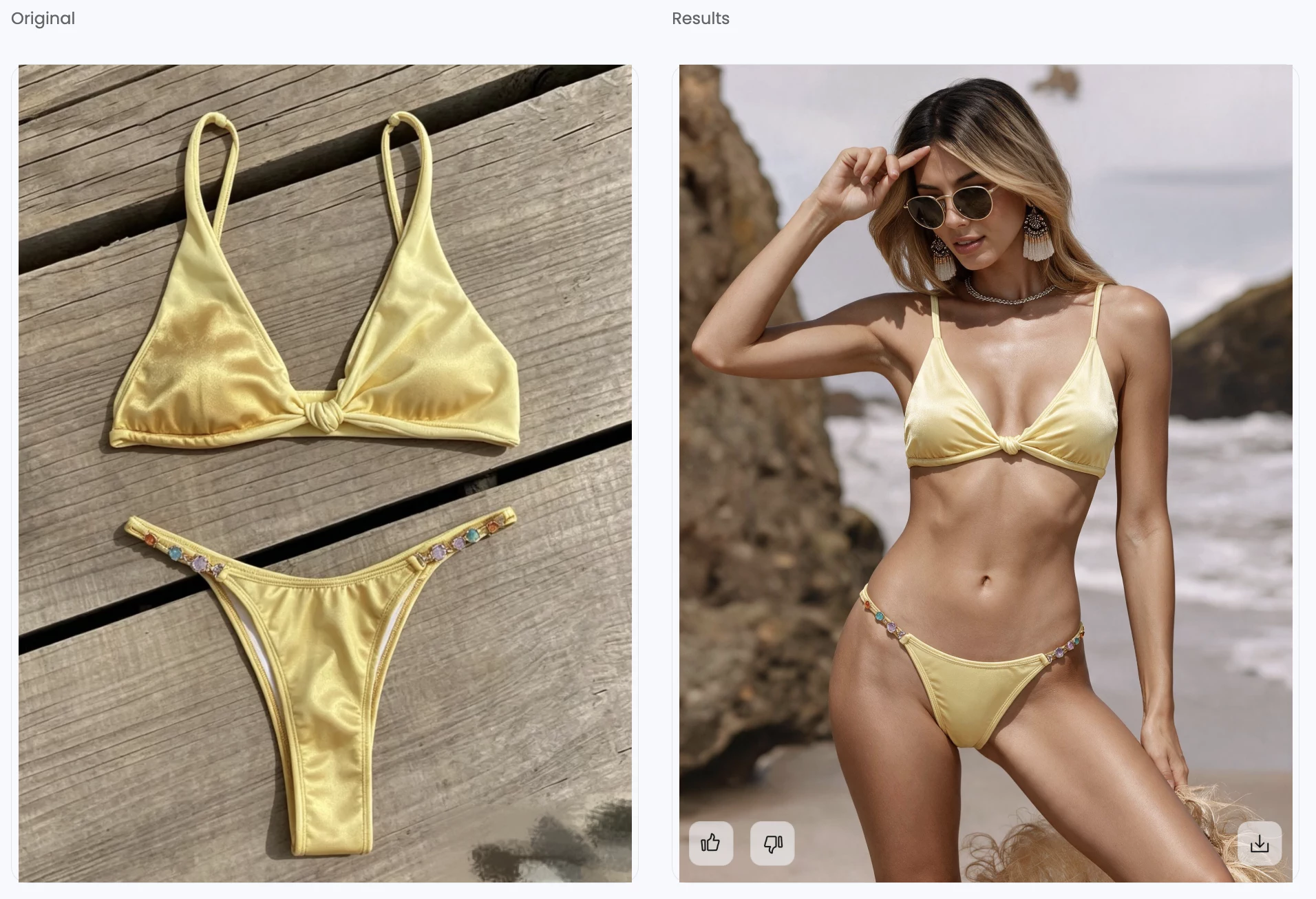 Yellow bikini source and AI-generated on-model result shown side by side