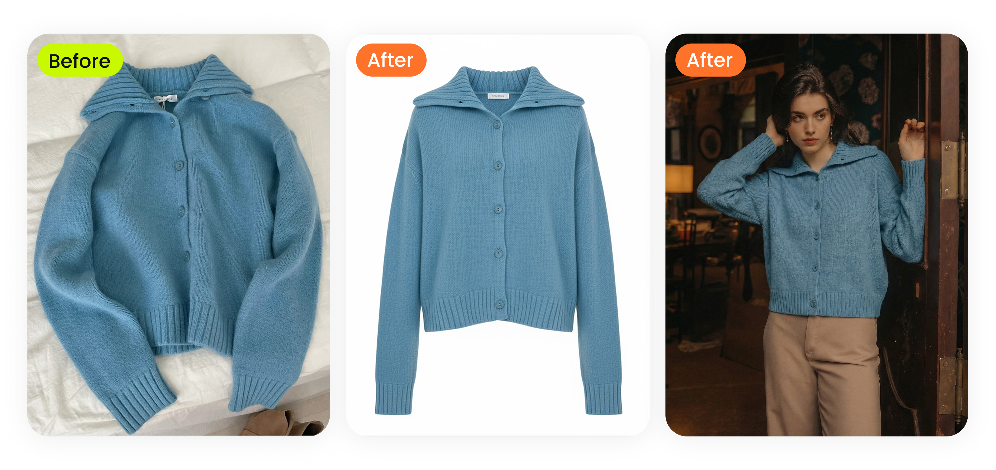 Crumpled blue thrifted cardigan on bedsheet (typical reseller phone shot) &mdash; transformed into ghost mannequin clean catalog photo, then rendered on AI model in styled interior, illustrating wrinkle-removal and natural draping
