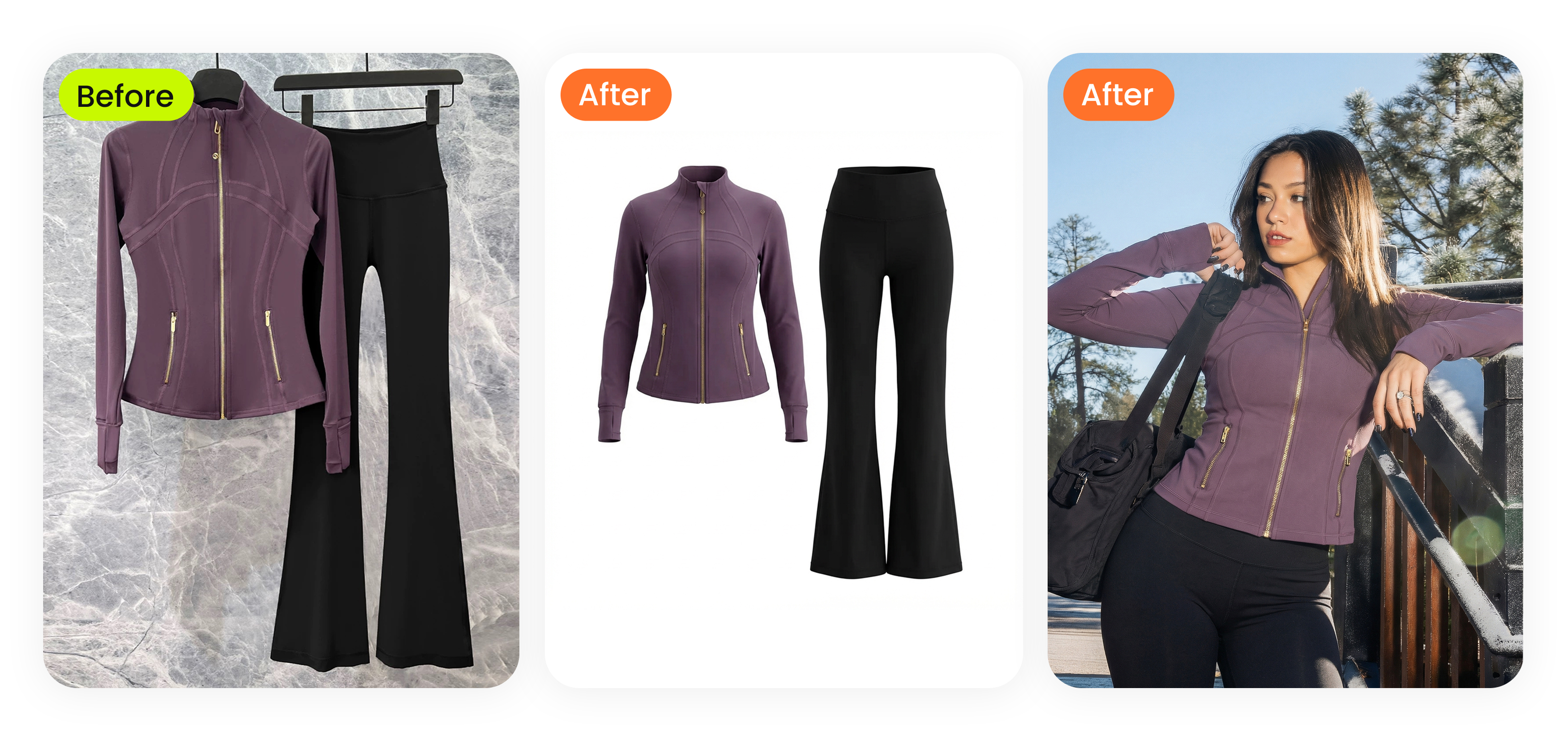 Thrifted purple jacket and black flare pants photographed on a wire hanger against marbled wall &mdash; transformed via AI ghost mannequin into clean catalog set, then rendered on AI model in outdoor lifestyle scene with handbag styling