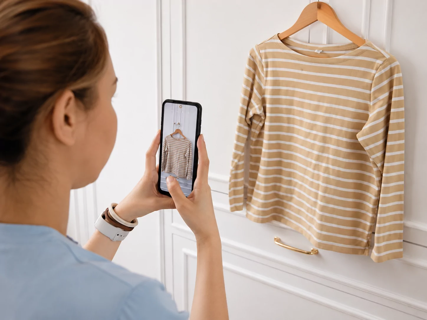 A reseller using a phone to photograph a striped thrifted shirt on a hanger