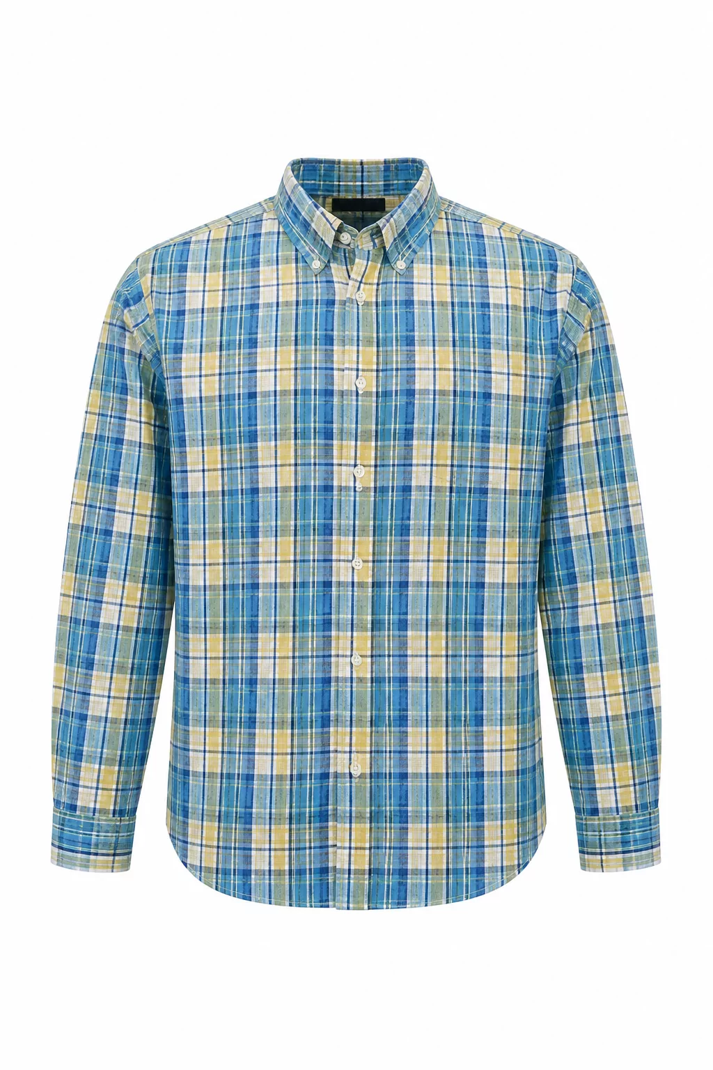 The blue-and-yellow plaid shirt displayed as a ghost mannequin product image