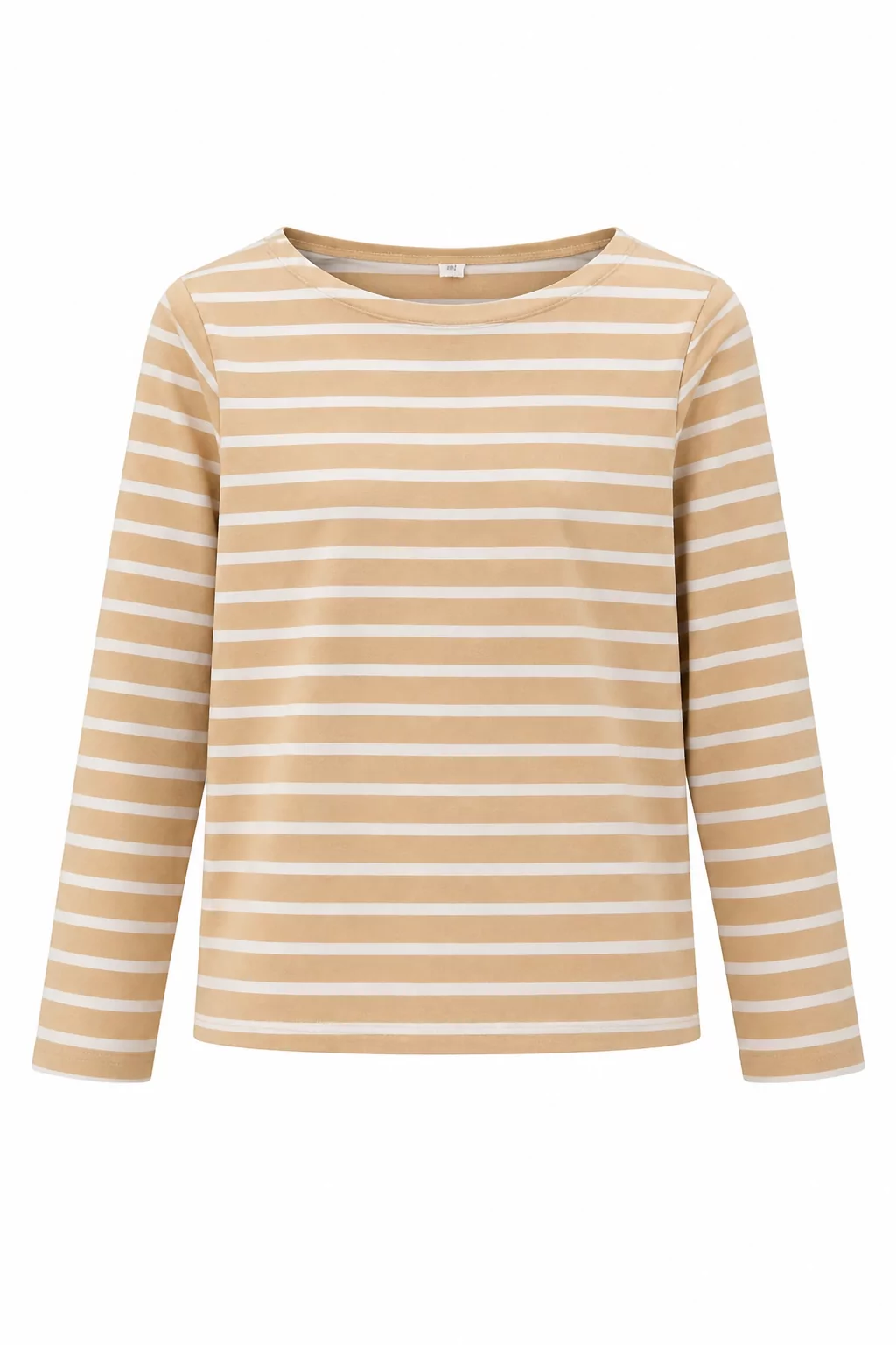 The beige striped top displayed as a ghost mannequin product image