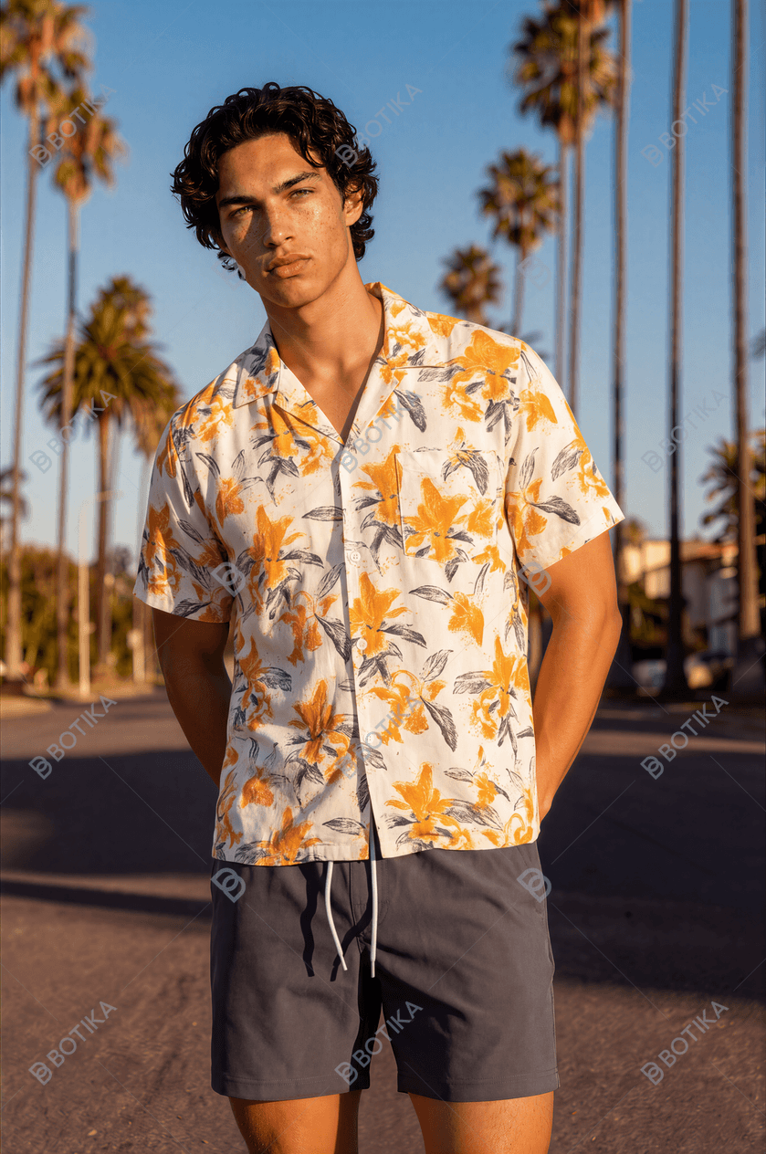 Botika AI model output — the orange lily print camp-collar shirt rendered on a generated model