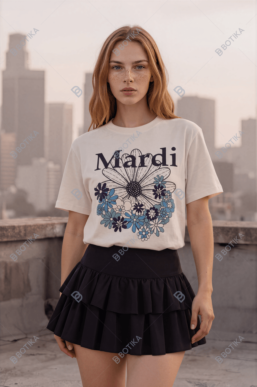 Botika AI model output — the cream Mardi Mercredi graphic tee rendered on a generated model