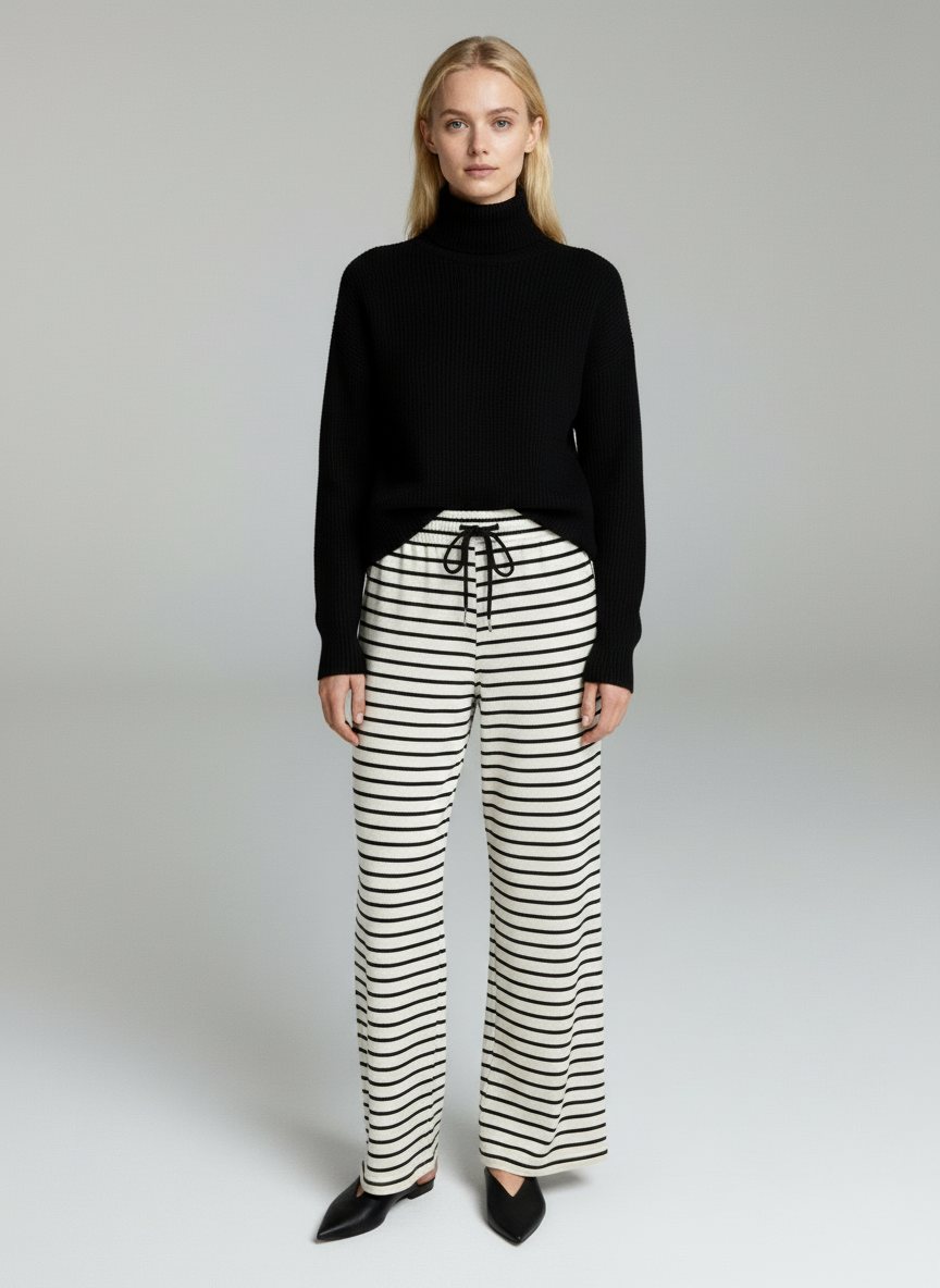 Claid AI model output — the black and white striped wide-leg pants rendered on a generated model