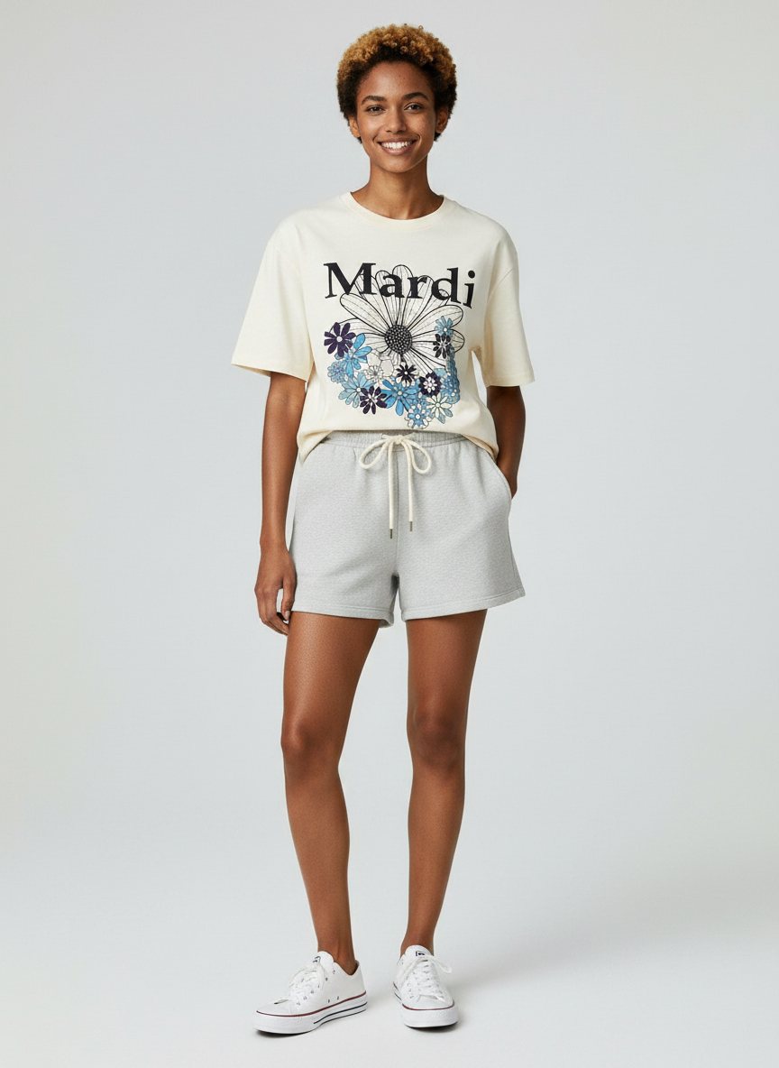 Claid AI model output — the cream Mardi Mercredi graphic tee rendered on a generated model