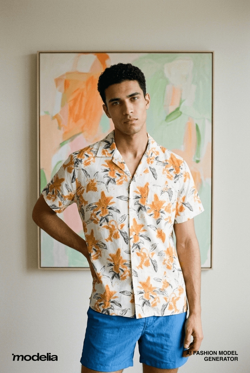 Modelia AI model output — the orange lily print camp-collar shirt rendered on a generated model