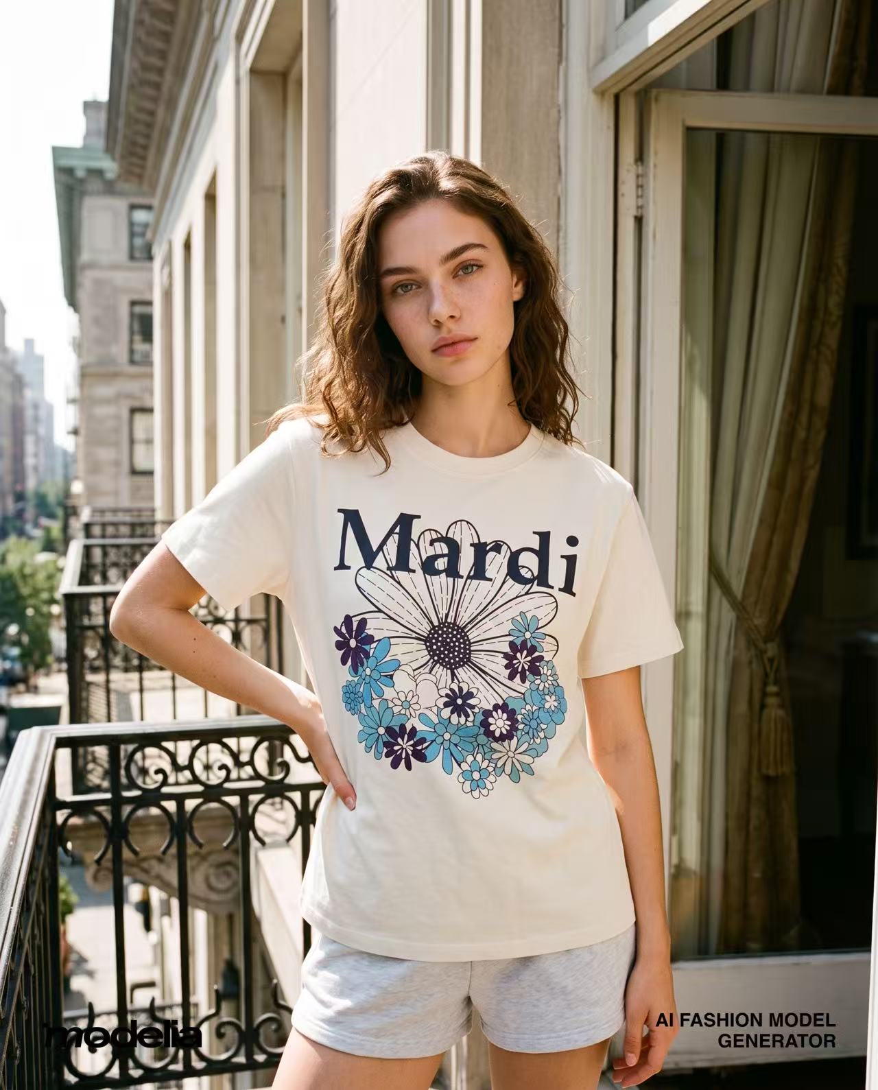 Modelia AI model output — the cream Mardi Mercredi graphic tee rendered on a generated model