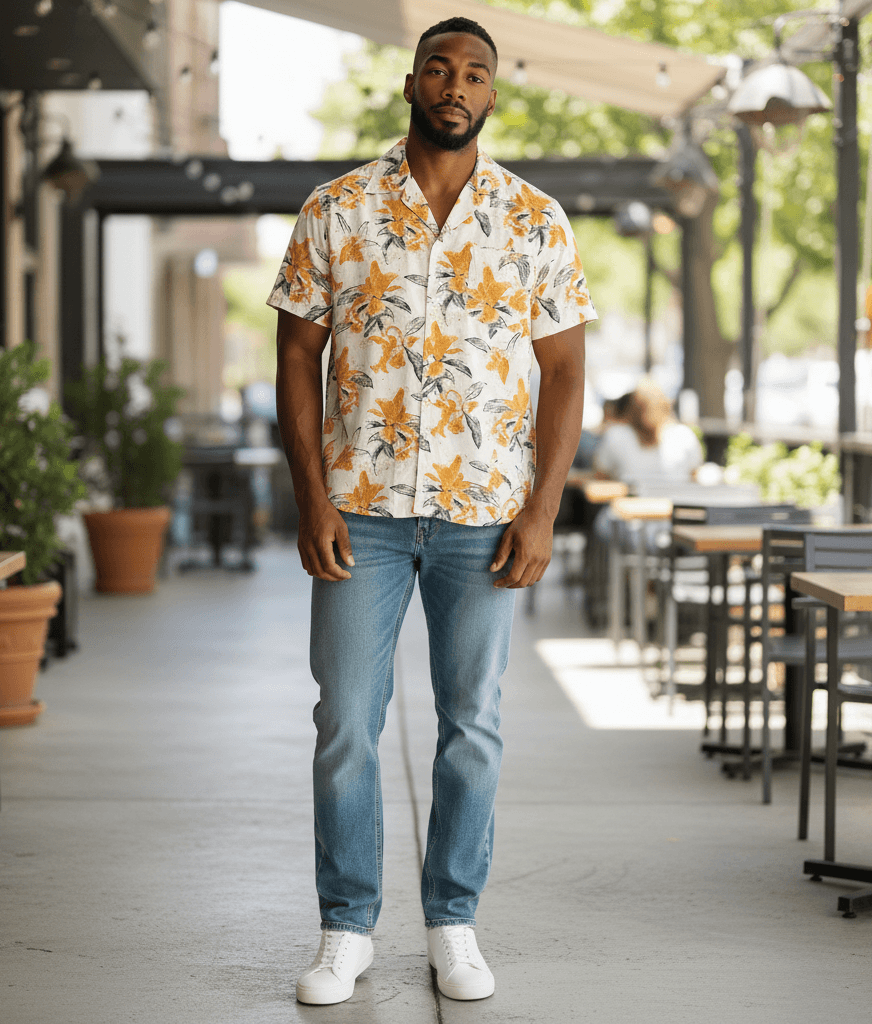 Photoroom AI model output — the orange lily print camp-collar shirt rendered on a generated model