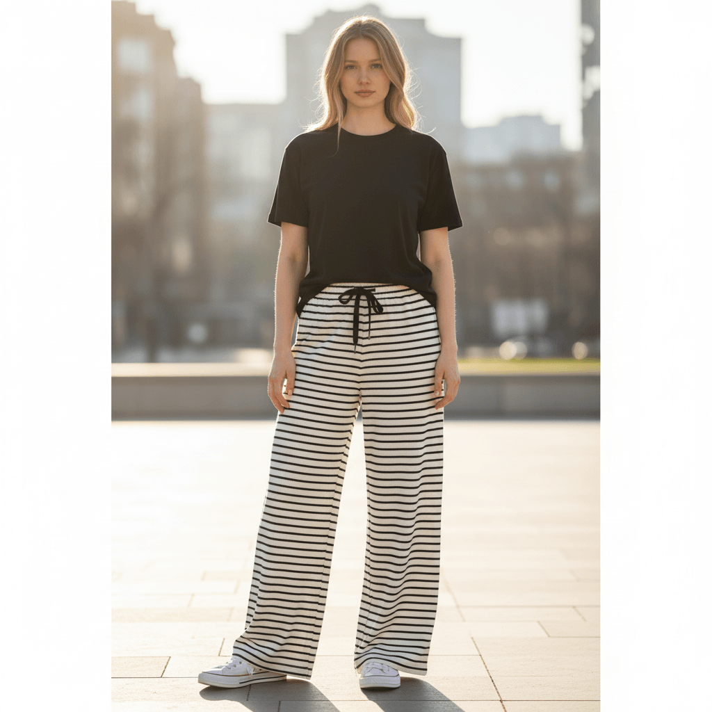 Photoroom AI model output — the black and white striped wide-leg pants rendered on a generated model