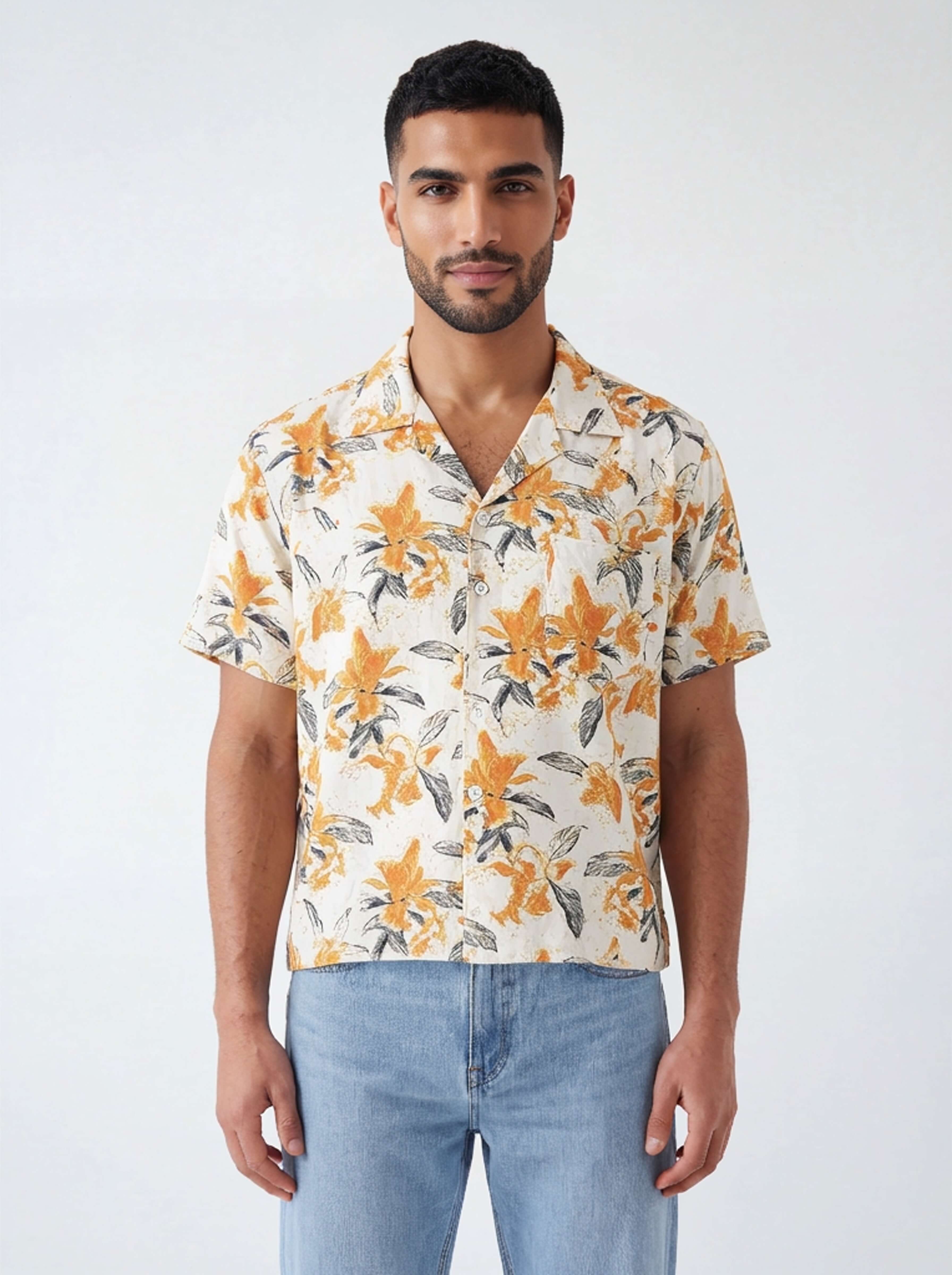 WearView AI model output — the orange lily print camp-collar shirt rendered on a generated model