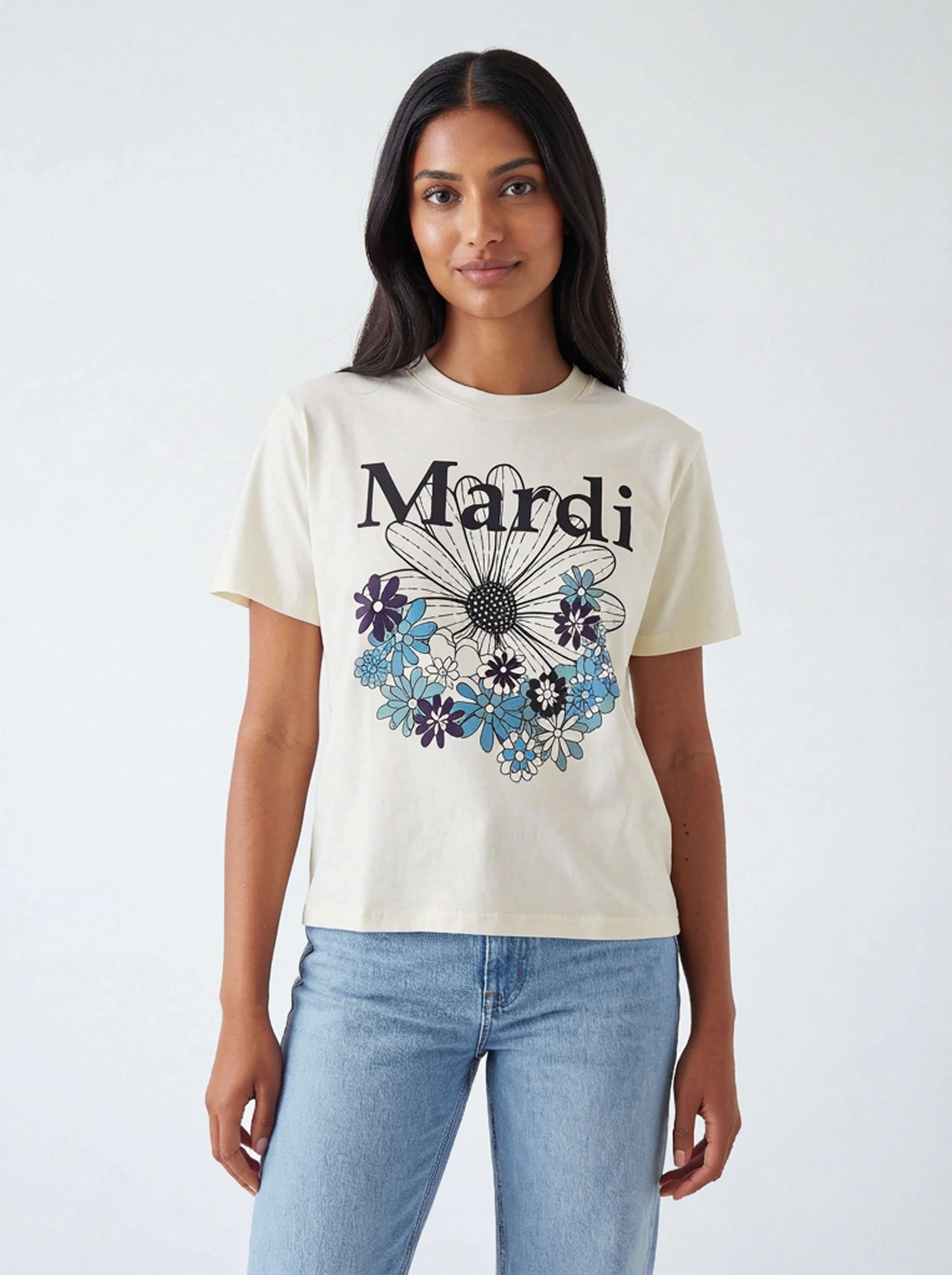 WearView AI model output — the cream Mardi Mercredi graphic tee rendered on a generated model