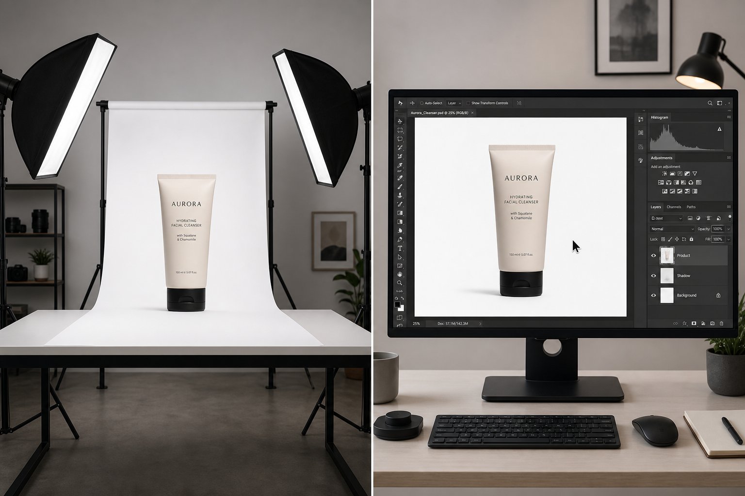 Studio capture compared with a background replacement editing workflow
