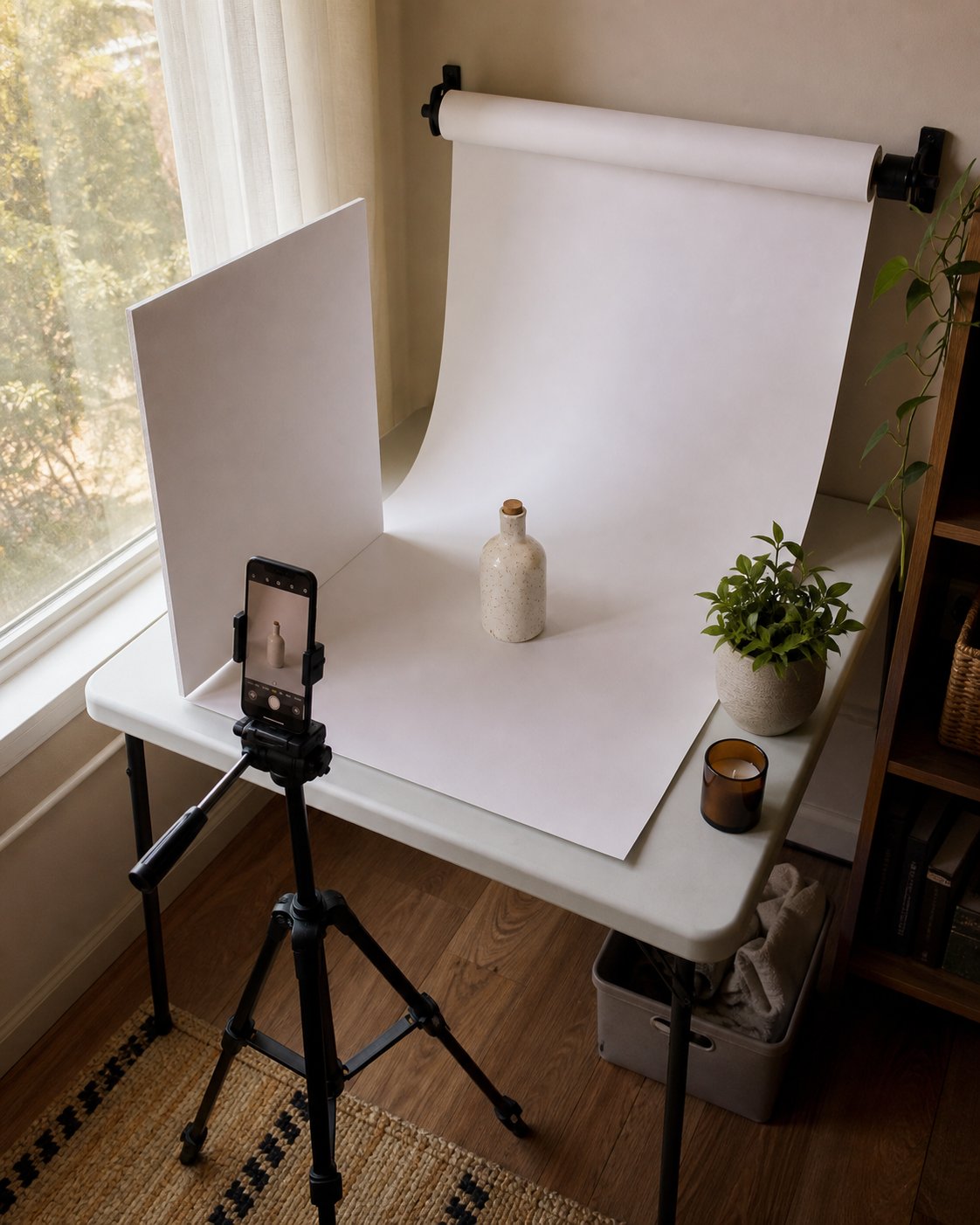 Small home product photo setup using window light and a white sweep