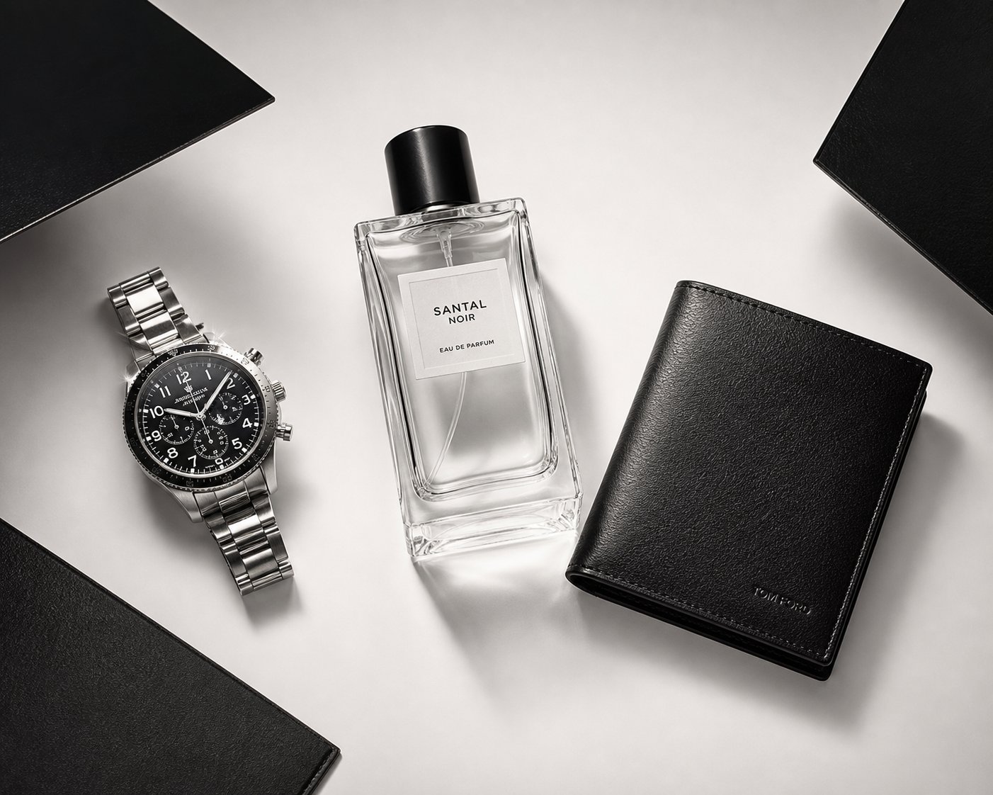 Reflective metal, clear glass, and dark leather photographed on white