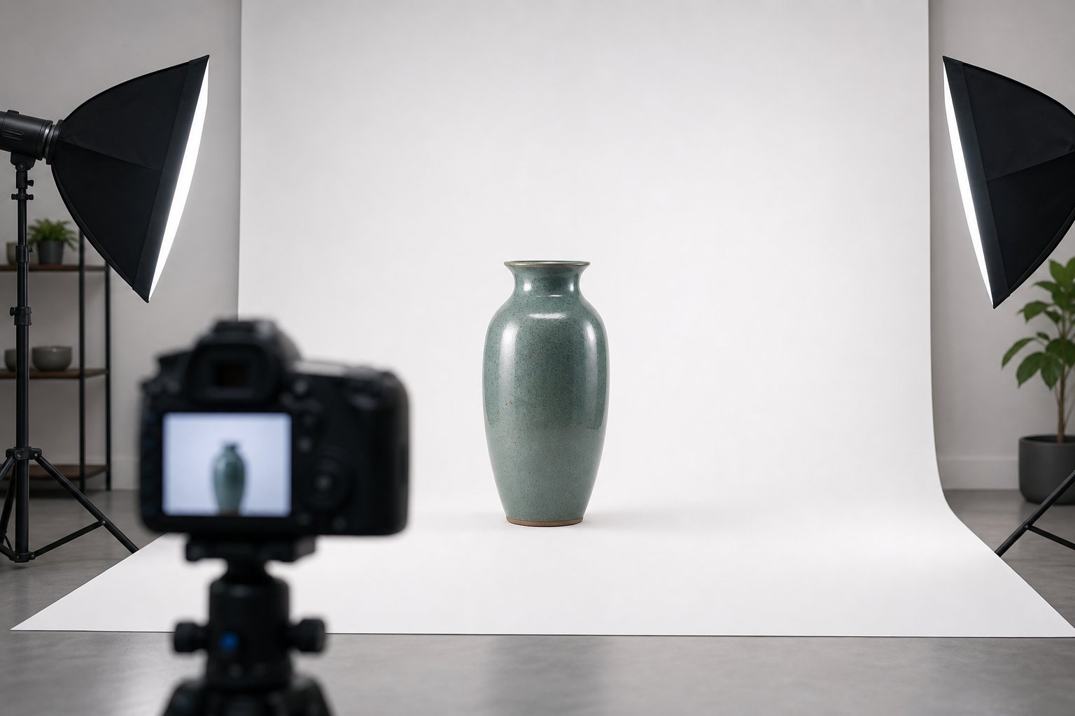 Product photo studio with two lights and a seamless white sweep