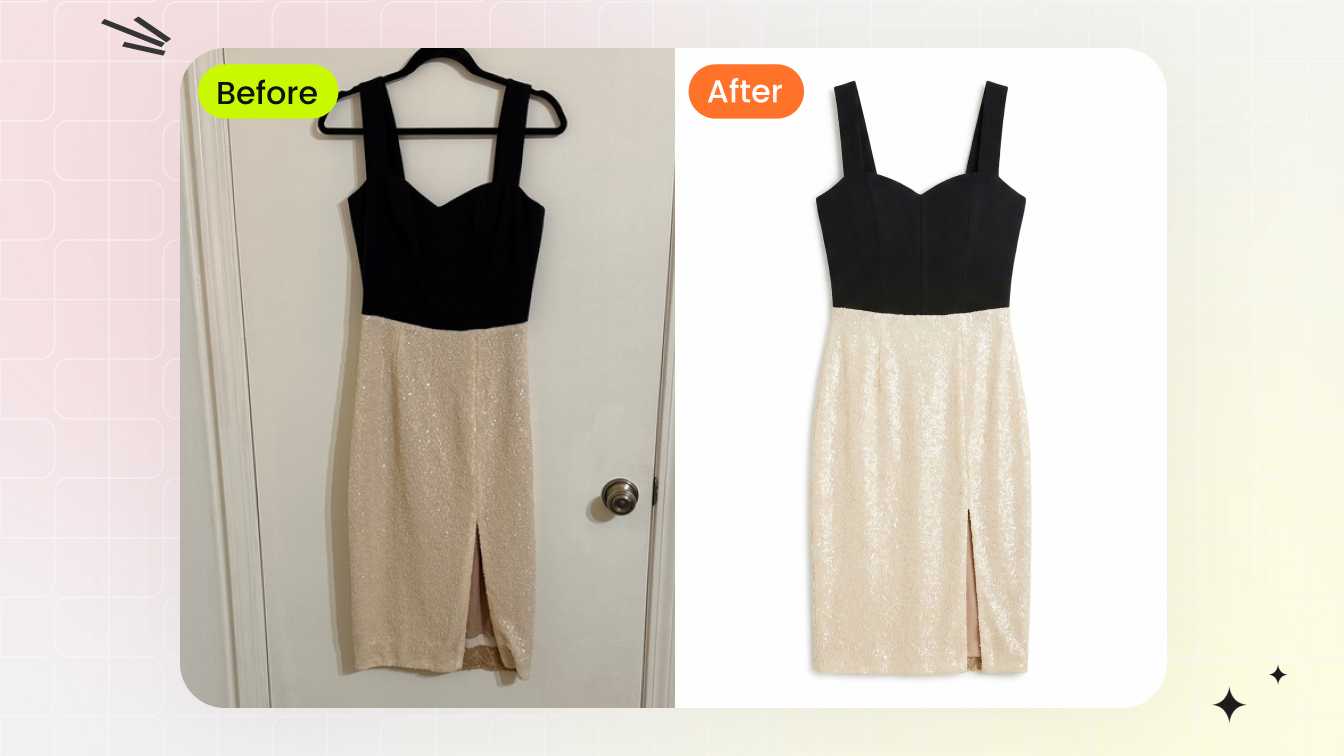 Sequin cocktail dress before/after — wrinkled hanger phone shot regenerated into clean catalog flat-lay with smooth fabric drape