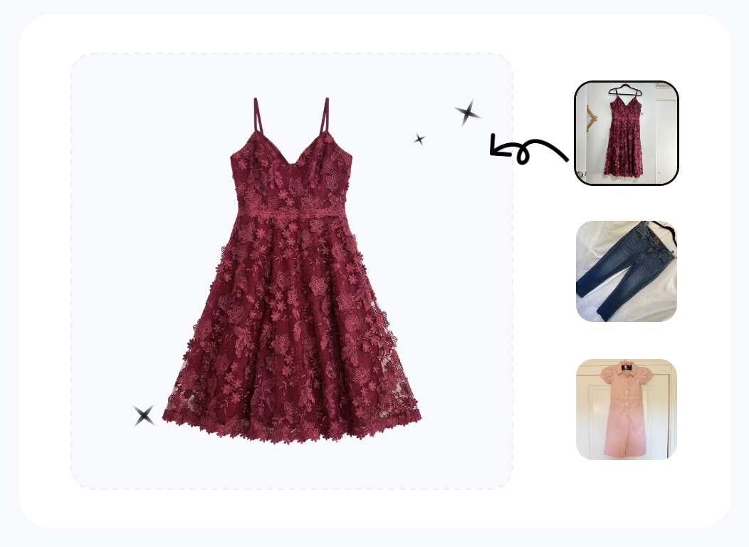 Snappyit AI Flat Lay interface — burgundy lace dress regenerated from a single phone source photo with thumbnail variation on right