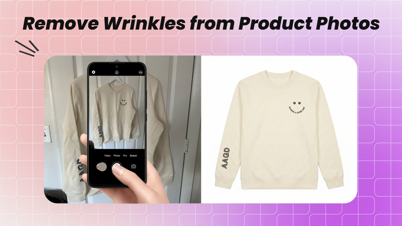 Wrinkled iPhone shot of cream sweatshirt regenerated into clean catalog flat-lay using Snappyit AI Flat Lay
