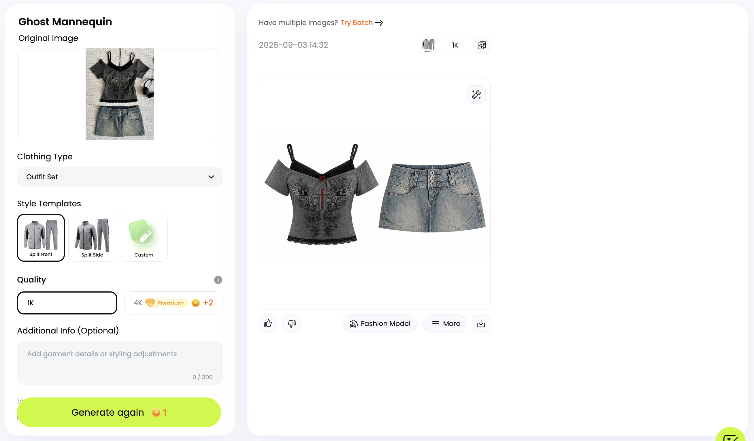 Snappyit Ghost Mannequin web interface showing the original Y2K outfit and generated white-background result