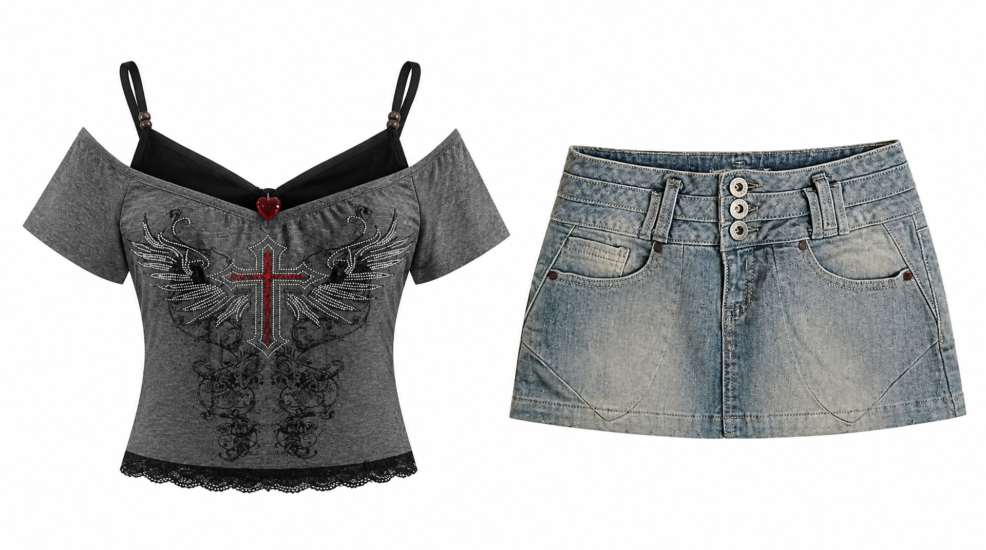 Ghost mannequin result showing the Y2K gray graphic top and denim skirt on white