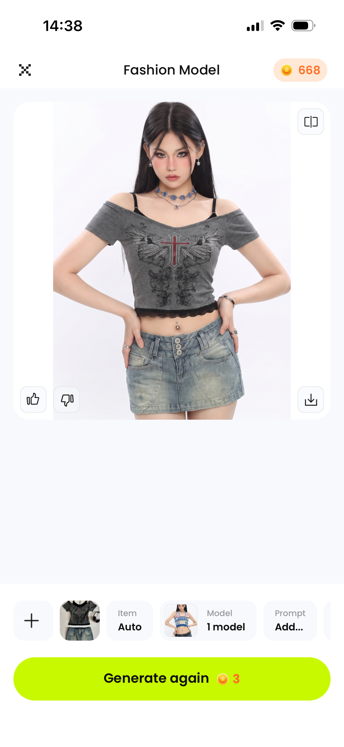 Snappyit iOS Fashion Model screen showing the generated Y2K outfit result